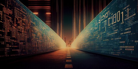 Wall Mural - Tech business forward big data, cybersecurity, global reach, networking communications, digital highway, 3d render.