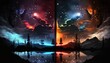 stripe banner set  of starry night sky with silhouette forest shadow, Generative Ai