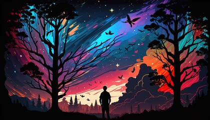 Wall Mural - a man under  starry night sky with silhouette forest shadow, Generative Ai