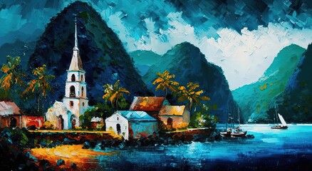 Wall Mural - paint like illustration of  beautiful tropical seascape village with house and tree nature landscape, Generative Ai