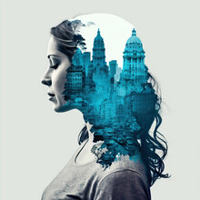 AI double exposure of Argentinian female and cityscape with downtown of old city with historic architecture and traffic in blue color against white background