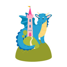 Vector Illustration Of Dragon With Tower In Cute Flat Style. Fairytale Character Isolated On White.