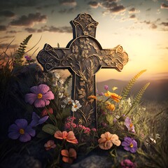 Canvas Print - A jesus stone cross that consists of colorful flowers at sunset