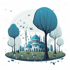 Cute blue mosque In the middle of the grass field on the edges there are trees and some fallen leaves, children's book illustration style. Generative AI