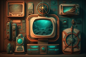 Vintage sci-fi retrofuturistic television device with wall interface cyberpunk texture background illustration