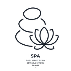 Wall Mural - Spa and massage stones with lotus flower editable stroke outline icon isolated on white background flat vector illustration. Pixel perfect. 64 x 64.