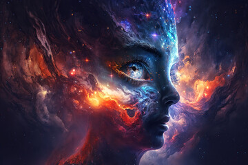 Wall Mural - 1/2 human 1/2 alien head blended with a space nebula mind - ai generative