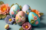 Fototapeta Mapy - Trendy Realistic Easter greeting card, banner with flowers, Easter eggs and and flowers with copy space. Spring floral Modern 3d Easter graphic concept - Generative AI