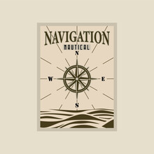 Compass Ocean Nautical Poster Vector Illustration Template Graphic Design. Marine Or Navy Banner For Military Or Transportation Concept With Retro Vintage Style