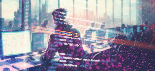 people work in a large office with windows overlooking the city, a lecture on programming generative