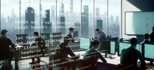 People work in a large office with windows overlooking the city, a lecture on programming Generative AI