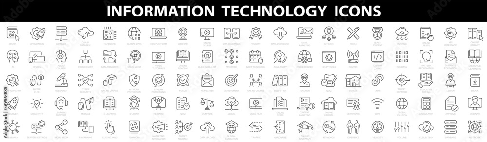Information technology icons set. Set of 100 technology icons. Industry concept factory of the future. Technology progress. Big UI icon set in a flat design. Thin outline icons pack