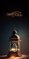 Poster - Arabic Calligraphy of Golden Glitter Ramadan Kareem And 3D Render, Illuminated Arabic Lamp On Black Background. Banner or Header Design.