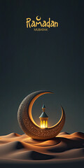 ramadan mubarak banner design with 3d render, with exquisite crescent moon and illuminated arabic la