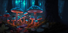 Colorful, Mystical Glowing Mushrooms In A Mystical Forest. Enchanted Forest.  AI