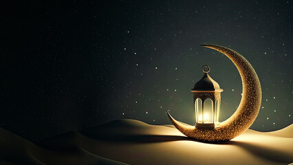 Wall Mural - 3D Render of Golden Crescent Moon With Illuminated Arabic Lantern On Sand Dune. Islamic Religious Concept.