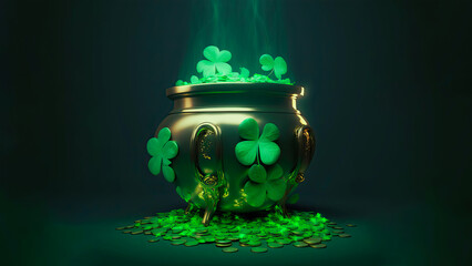 Poster - 3D Render, Cauldron Pot Full of Clover Leaves On Green Coins Background. St. Patrick's Day Concept.