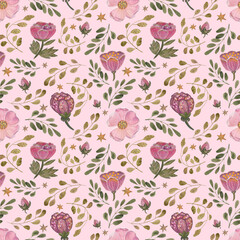  Watercolor pattern pink flowers. Seamless pattern