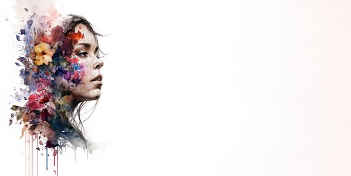 Watercolor illustration of Woman face in profile. white background with copy space for text. Generative AI Illustration