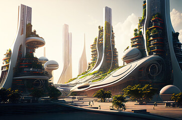 Futuristic Metropolis View. Buildings from the future megapolis. Generative AI illustration