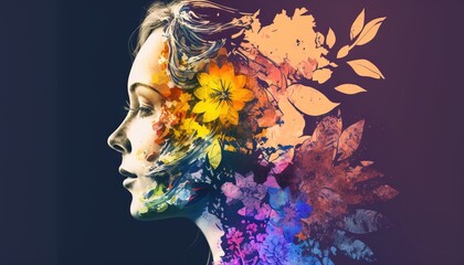 Wall Mural - Double exposure woman profile and flowers mental health women's day illustration generative ai