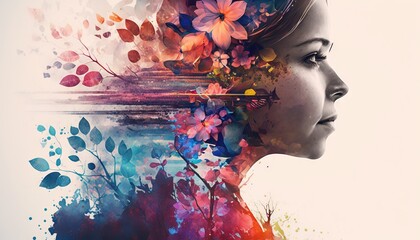 Wall Mural - Double exposure woman profile and flowers mental health women's day illustration generative ai