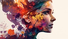 Double Exposure Woman Profile And Flowers Mental Health Women's Day Illustration Generative Ai