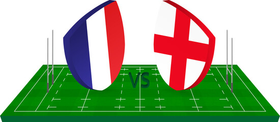 Rugby team France vs England on green rugby field.