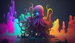 Neon glowing kraken or octopus animal isolated on dark background, phantasmal iridescent, psychic waves created with generative ai technology