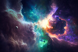 Fototapeta  - Glowing mysterious universe background. Colorful nebular galaxy illustration. Generative ai