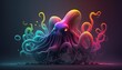 Neon glowing kraken or octopus animal isolated on dark background, phantasmal iridescent, psychic waves created with generative ai technology