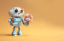 A Small Retro Vintage Robot That Has Fresh Flower Bouquet On A Pastel Background. A Futuristic Way To Show Love During The Holidays. Generative AI.