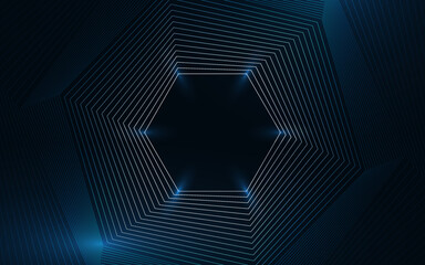 Dark blue hexagon with glowing light beams on each corner, surrounded by rotated thin blue hex lines creating 3d structure on dark blue background