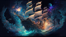 The Haunted Lagoon: Ghost Pirate Ship Sails Through Misty Waters In Cosmic Whirlpool, Generative AI