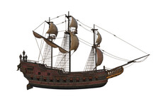 Old Wooden Pirate Sailing Ship Viewed From Starboard Side. Isolated 3D Illustration