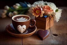 Eine Tasse Kaffee Mit Blumen Dekoriert, Muttertag Inspiriert, Herzen, 