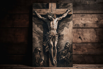 Wall Mural - Jesus on the cross old wooden as Christianity concept. (ai generated)