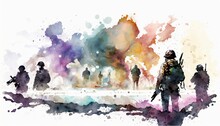 Group Of Soldiers Walking In The Mist, Army Modern Military Illustration Watercolor Style
