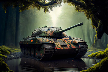 Wall Mural - Battle tank in the  forest.  Generative AI.