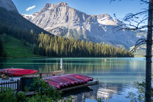 Sunset View Of Emerald Lake And The Canoe Boathouse In Yoho National Park Canada