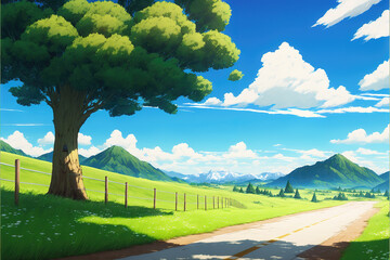 a wonderful anime manga inspired landscape illustration with a street, generative ai technology