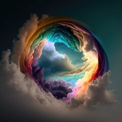 Poster - Circular Cloud Portal in Neon Rainbow Colours - Spiritual Energy Vortex to another Dimension or Galaxy. Abstract Gateway to outer Space - Generative AI Illustration