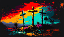 Abstract Art. Colorful Painting Art Of Three Crosses On A Hill. Christian Illustration. Generative AI.