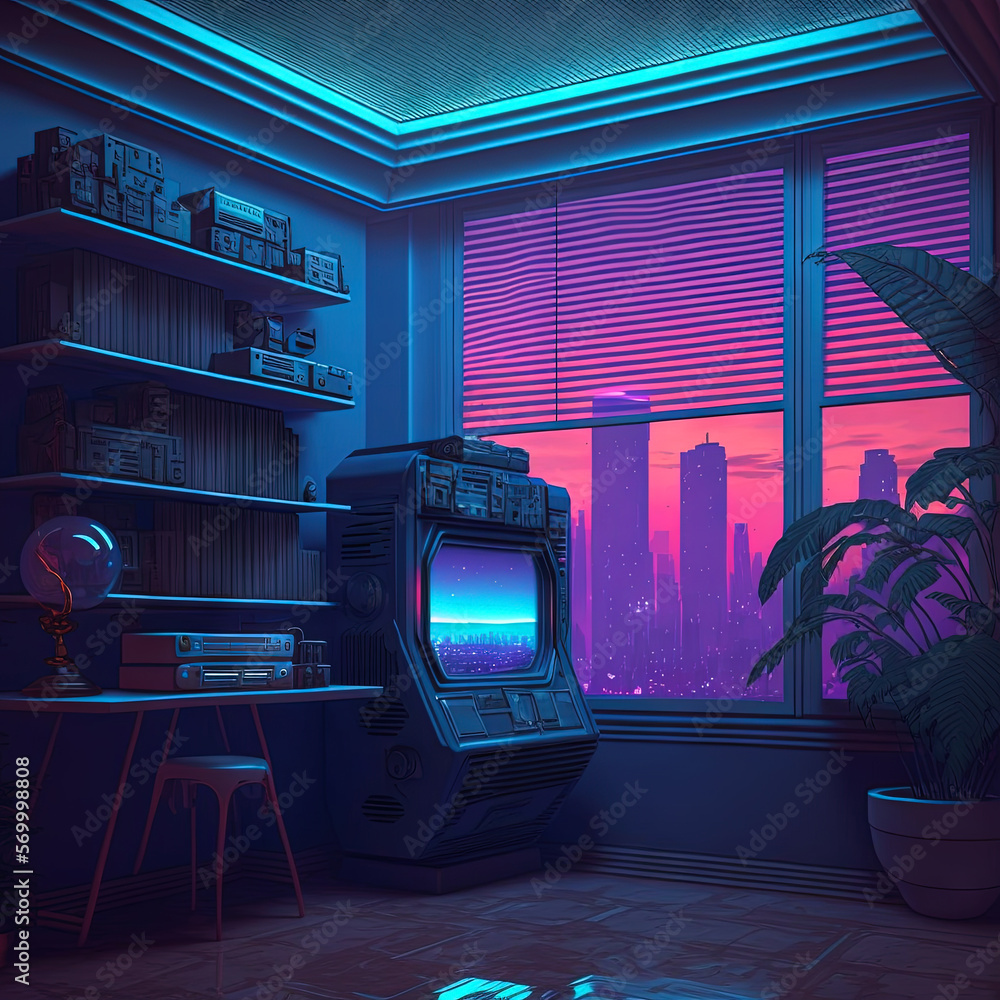 Nostalgic retro room in 80s synthwave or cyberpunk style. Futuristic
