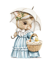 Watercolor Vintage Girl Easter Bunny Rabbit In Dress Holding Wicker Basket With Eggs And Umbrella Isolated On White Background. Watercolor Hand Drawn Illustration Sketch