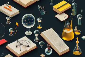 Science and education concept. Illustration of basic physics and mathematics formulas and stack of books with glasses in library. Generative AI