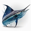 Detailed illustration of a blue marlin swordfish jumping out of the ocean isolated on a white background, generative ai
