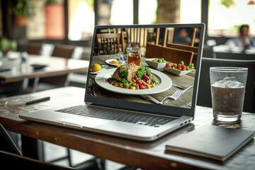 laptop on a restaurant table with a menu on the screen, concept of ordering food online, generative ai