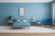 Serene Beautiful Cozy Dreamy Primary Living Bedroom Interior with pastel blue accent wall mid century modern minimal furniture mockup frame wood accents made with Generative Ai