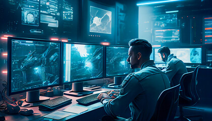 Modern Office with Creative Computer Scientists Working on Futuristic Projects.  Generative AI.